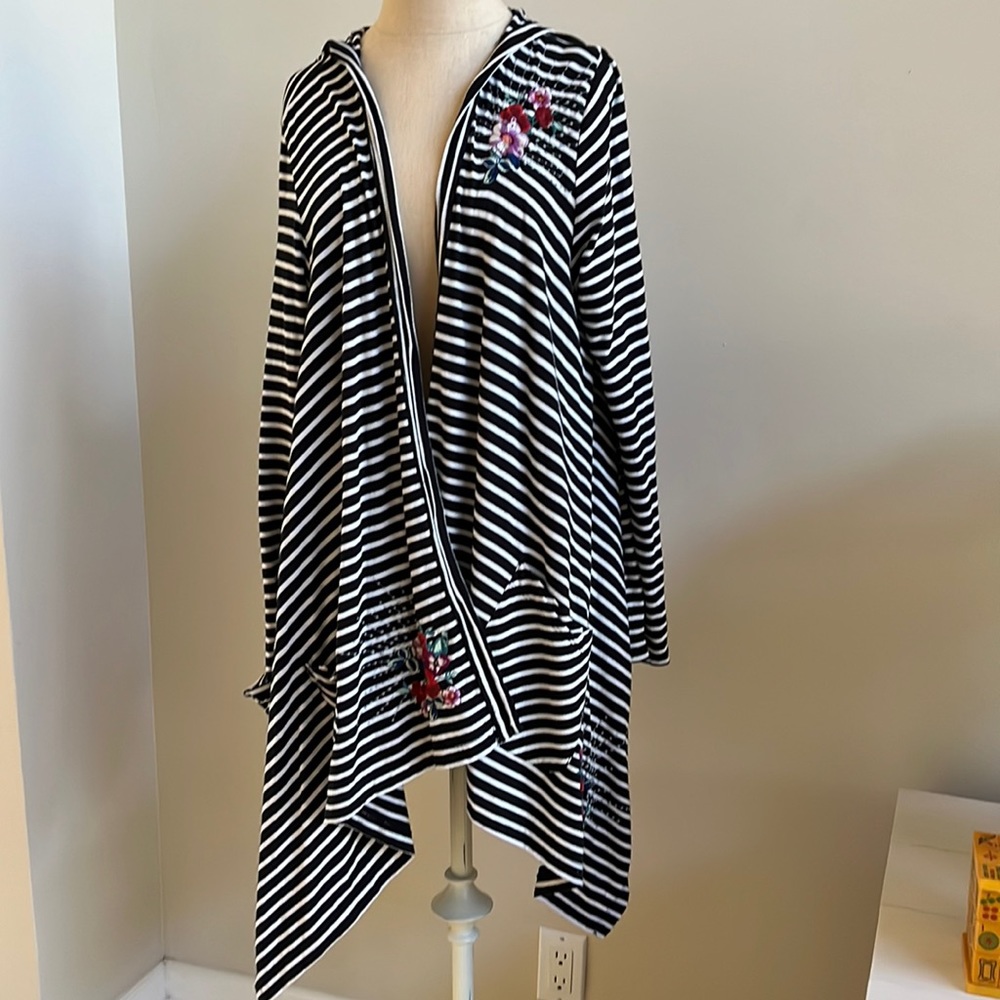 Johnny Was Black and White Striped Cardigan
